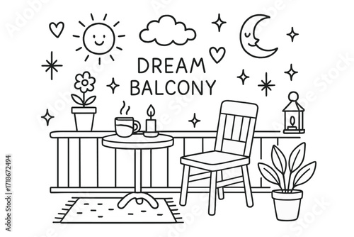Dreamy Balcony Doodles. Hand-drawn doodle illustration Dream balcony [balcony rail, table, chair, mug, candle, flower pot, plant, heart, star, sparkle, sun,