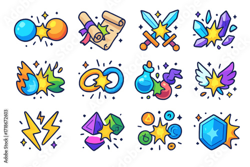 Fantasy Collisions Icons. Colorful isometric vector icons set of fantasy elements in mid-air collision: spell orbs crashing, enchanted scrolls colliding,