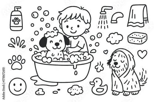 Pet Bath Time Fun. Hand-drawn doodle illustration Bathing pets with kids child, dog in tub, bubbles, towel, shampoo bottle, splash, soap, paw print, water