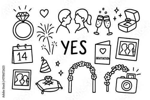 Engagement Celebration Icons. Hand-drawn doodle illustration Engagement celebration diamond ring, couple silhouette, champagne glasses, proposal box,