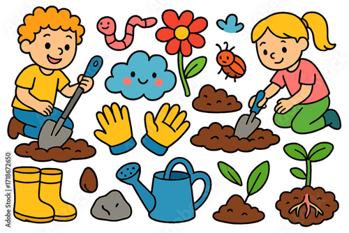Children's Gardening Adventure. Colorful Hand-drawn doodle Children illustration Digging in the dirt shovel, trowel, smiling worm, flower, soil patch, boots,