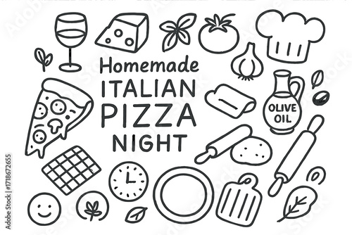 Italian Pizza Night. Hand-drawn doodle illustration Homemade Italian pizza night pizza slice, wine glass, cheese block, tomato, basil, olive oil, garlic bulb,