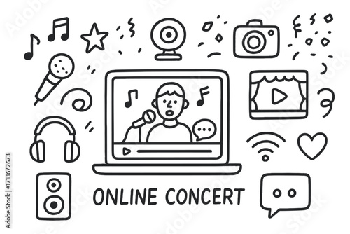 Virtual Concert Doodle. Hand-drawn doodle illustration Online concert or performance [music note, microphone, speaker, stage icon, webcam, camera, screen, chat