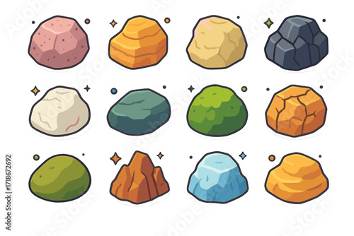 Colorful Boulder Icons. Colorful isometric vector icons set of Boulder Types: granite boulder, sandstone boulder, limestone boulder, basalt boulder, marble