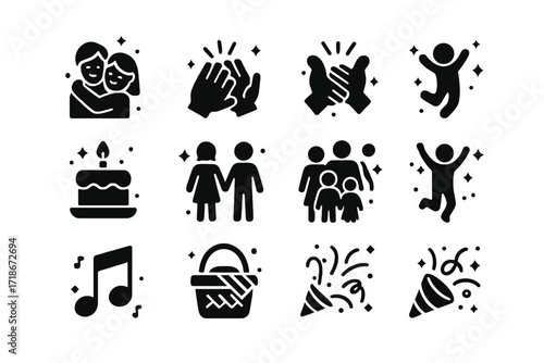 Joyful Moments Icons. Joyful moments. Solid icons set of joyful moments: people hugging, clapping hands, high five, child playing, birthday cake, couple