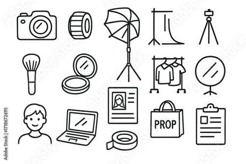 Photoshoot Gear Doodle. Hand-drawn doodle illustration Photoshoot preparation camera, lens, light umbrella, tripod, reflector, makeup brush, compact mirror,