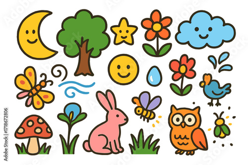 Whimsical Dreamfield Doodles. Colorful Hand-drawn doodle Children illustration Field of dreams moon, star, cloud, tree, flower, breeze lines, butterfly,