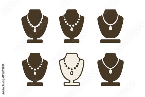 Jewelry Tray Logos. jewelry tray. Set Logo of jewelry tray: necklace displayed on tray. harmonious logo variations of the same emblematic concept, each with
