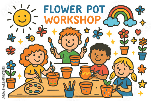 Children's Flower Pot Workshop. Colorful Hand-drawn doodle Children illustration Flower Pot Workshop children painting, clay pots, table, brushes, rainbow,