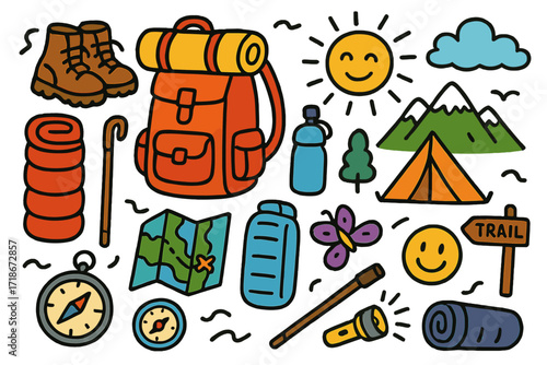 Hiking Adventure Icons. Colorful Hand-drawn doodle Children illustration Backpacking backpack, hiking boots, map, compass, water bottle, sun, mountain, tent,