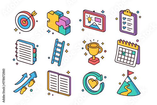 Motivational Steps Icons. Colorful isometric vector icons set of motivational steps: setting a goal, breaking big tasks down, vision board, morning routine