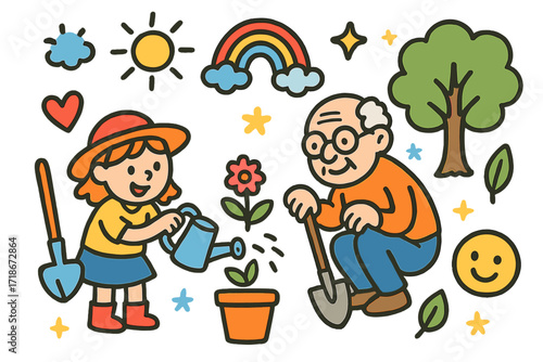 Generational Gardening Joy. Colorful Hand-drawn doodle Children illustration Gardening Across Generations [grandparent, child, watering can, shovel, flower,