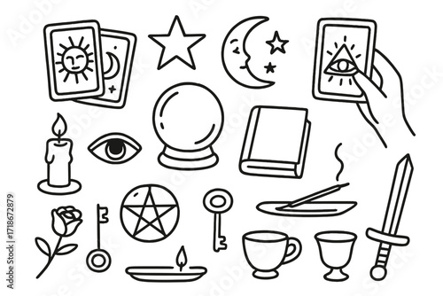 Mystical Tarot Icons. Hand-drawn doodle illustration tarot card reading tarot cards, sun, moon, star, crystal ball, candle, book, hand with card, eye symbol,