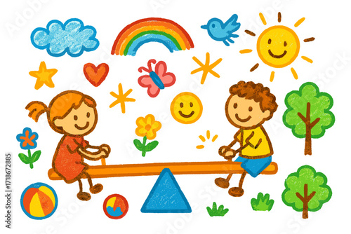 Playful Seesaw Friends. Colorful Hand-drawn doodle Children illustration Friends on Seesaw [two children, seesaw, playground, ball, heart, star, rainbow,