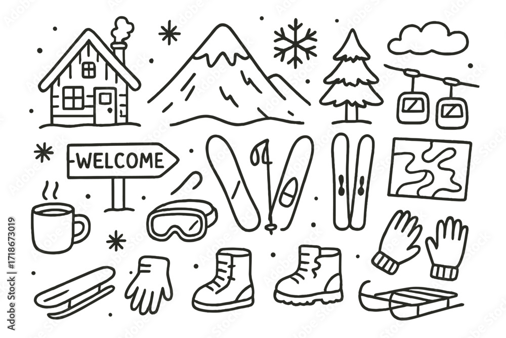 Fototapeta premium Snowy Mountain Resort Doodles. Hand-drawn doodle illustration [Snowy mountain resort] [cabin, mountain, snowflake, pine tree, ski lift, snowboard, skis, hot
