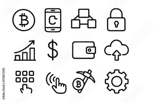 Crypto Banking Doodle Icons. Hand-drawn doodle illustration Crypto and mobile banking coin icon, crypto logo, phone, blockchain symbol, secure lock, chart,