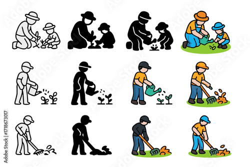Yard Chores Icons. Icon Set of Yard chores: gardening with child, watering plants, raking leaves. Icons set in vector style, emblematic variations. Gardening