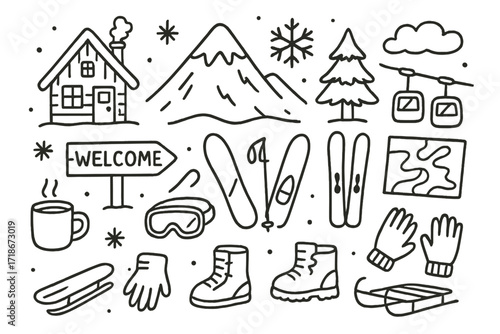 Snowy Mountain Resort Doodles. Hand-drawn doodle illustration [Snowy mountain resort] [cabin, mountain, snowflake, pine tree, ski lift, snowboard, skis, hot