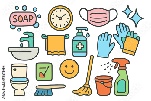 Workplace Hygiene Doodles. Colorful Hand-drawn doodle Children illustration Hygiene and Cleanliness in Workplace soap, sink, towel, hand sanitizer, mask,