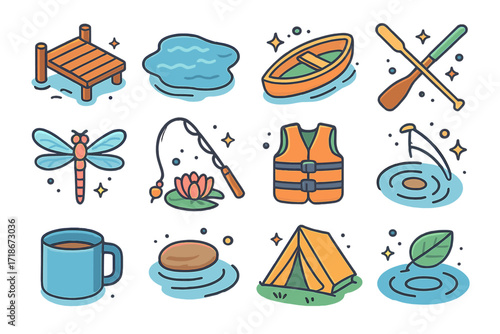 Lakeside Relaxation Icons. Colorful isometric vector icons set of lakeside relaxation: wooden dock, calm water, rowboat, canoe paddle, dragonfly, water lily,