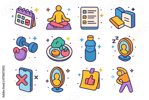 Personal Growth Icons. Colorful isometric vector icons set of personal growth habits: habit tracker, meditation pose, gratitude list, reading a book, exercise