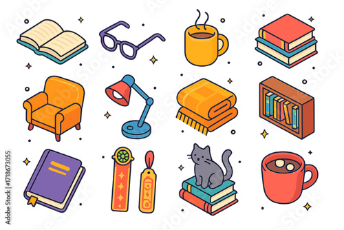 Cozy Reading Icons. Colorful isometric vector icons set of bookworm: open hardcover book, reading glasses, steaming tea mug, stack of novels, comfy armchair,