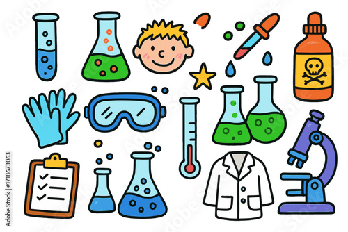 Vibrant Chemistry Doodles. Colorful Hand-drawn doodle Children illustration reagent test tube, beaker, flask, chemical bottle, dropper, goggles, gloves,