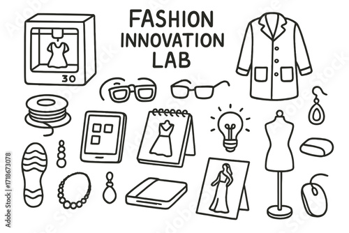 Fashion Lab Doodles. Hand-drawn doodle illustration Fashion innovation lab [3D printer, lab coat, eyewear, filament, tablet, sketchbook, idea bulb, necklace,