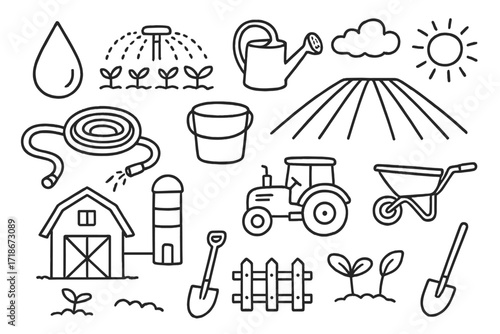Farm Irrigation Doodles. Hand-drawn doodle illustration irrigation for farmland water droplet, sprinkler, watering can, hose, bucket, field rows, barn, silo,