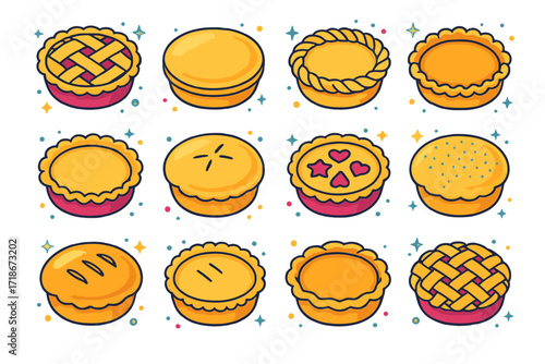 Pie Crust Icon Collection. Colorful isometric vector icons set of Pie Crust Designs: lattice top crust, solid top crust, braided crust edge, crimped edge,