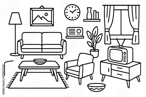 Mid-Century Modern Doodles. Hand-drawn doodle illustration Mid-century modern living room [sofa, armchair, sideboard, coffee table, floor lamp, framed artwork,