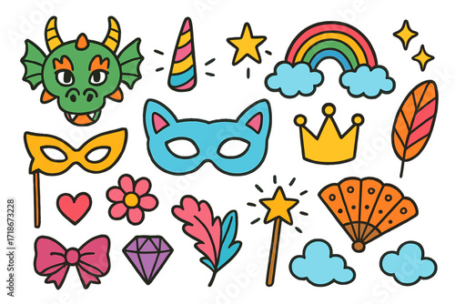 Fantasy Mask Doodles. Colorful Hand-drawn doodle Children illustration Fantasy masks dragon mask, unicorn horn, sparkle, star, rainbow, flower, bow, jewel,