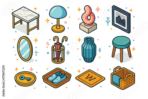 Modern Entryway Icon Set. Colorful isometric vector icons set of modern entryway styling: marble-topped table, designer table lamp, abstract sculpture,