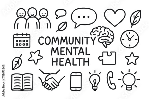 Community Mental Wellness Icons. Hand-drawn doodle illustration Community mental health [group of people, chat bubble, heart, brain, leaf, calendar, clock,