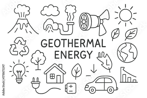 Geothermal Energy Icons. Hand-drawn doodle illustration Geothermal energy [volcano, steam, turbine, battery, plug, light bulb, recycle symbol, house, tree,