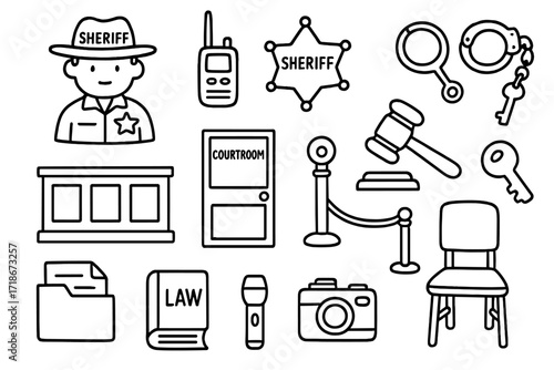 Courtroom Security Icons. Hand-drawn doodle illustration Courtroom security sheriff icon, walkie-talkie, badge, handcuffs, bench, courtroom door, gavel, key,