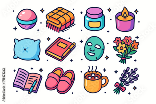 Colorful Self-Care Icons. Colorful isometric vector icons set of self-care rituals: bath bomb, cozy blanket, skincare jar, candle flame, soft pillow, journal