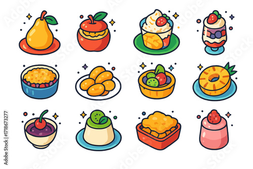 Gourmet Fruit Desserts Icons. Colorful isometric vector icons set of Gourmet fruit desserts: poached pear, baked apple, mango sticky rice, fruit parfait, berry