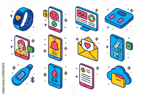 Digital Health Icons. Colorful isometric vector icons set of Digital Health Tools: wearable fitness tracker, online symptom checker, health data dashboard,