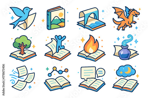 Imaginative Storytelling Icons. Colorful isometric vector icons set of storytelling and imagination themes: paper turning into bird, notebook morphing into