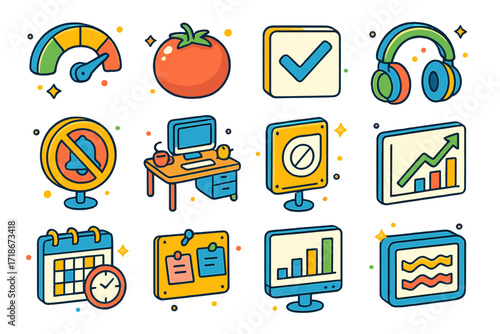 Isometric Productivity Icons. Colorful isometric vector icons set of productivity and flow: productivity meter, Pomodoro timer, completed task checkbox,