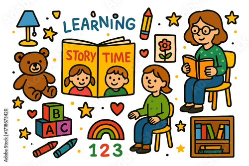Storytime Doodle Fun. Colorful Hand-drawn doodle Children illustration Story Time Learning book, children, teacher, lamp, teddy bear, alphabet