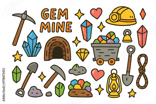 Colorful Gem Mine Doodles. Gem mine. Colorful Hand-drawn doodle Children illustration gem, crystal, cart, pickaxe, shovel, lantern, helmet, star, heart,