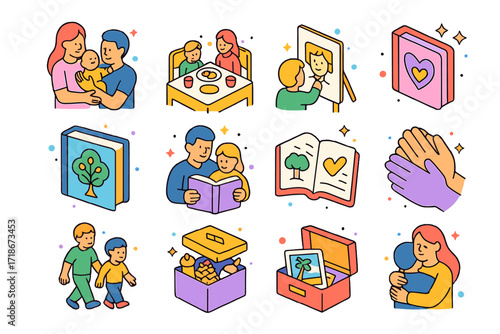 Family Identity Icons. Colorful isometric vector icons set of Family influence on identity: parents holding child, family dinner table, child drawing