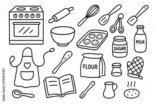 Baking Essentials Doodle. Hand-drawn doodle illustration Kitchen baking scene [oven, stove, rolling pin, whisk, mixing bowl, measuring spoons, spatula, baking