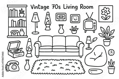 Retro 70s Living Room. Hand-drawn doodle illustration Vintage 70s living room [sofa, lava lamp, record player, cassette tape, TV with antenna, rotary phone,