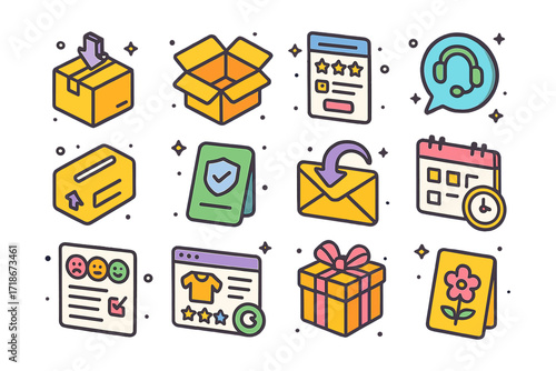 Colorful Post-Purchase Icons. Colorful isometric vector icons set of Post-Purchase Experience: delivery package icon, unboxing open box, product review form,