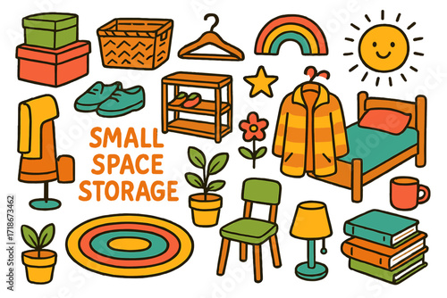 Colorful Kids Storage. Colorful Hand-drawn doodle Children illustration Small Space Storage [stacked boxes, basket, shoe rack, coat hanger, star, rainbow, sun,