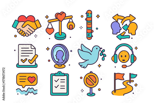 Empathy Icons Collection. Colorful isometric vector icons set of conflict resolution through empathy: handshake with heart, empathy scale, talking stick,