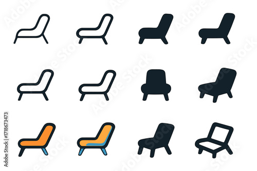 Deep Sigh Logos. Set Logo of Deep Sigh: Resting chair icon. Logo set in vector style, emblematic variations. line, bold thick line, solid black filled, solid